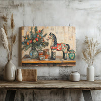 Scandinavian Folk Art Canvas Print, Dala Horse Canvas Wall Art, Nordic Horse Canvas, Festive Christmas Wall Decor, Folk Art Lover Present