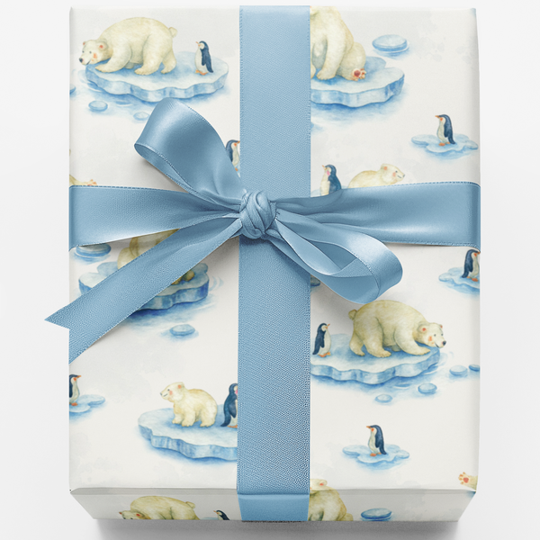 Winter Animals Holiday Gift Wrap, Polar Bear Penguin Wrapping Paper, Festive Christmas Present Paper, Adorable Arctic Animal 