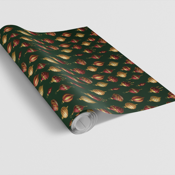 Classic Holiday Ornament Gift Wrap Roll, Vintage Christmas Baubles Wrapping Paper, Retro Christmas Wrapping Paper, Festive Pr
