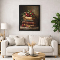 Holly Berries and Books Canvas Art, Vintage Christmas Still Life Canvas Print, Winter Holiday Wall Art, Festive Christmas Canvas Decor Present