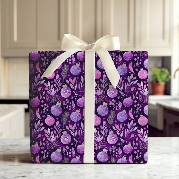 Watercolor Botanical Wrapping Paper, Purple Ornament Wrapping Paper, Elegant Christmas Wrapping Paper, Holiday Gift Wrap Roll