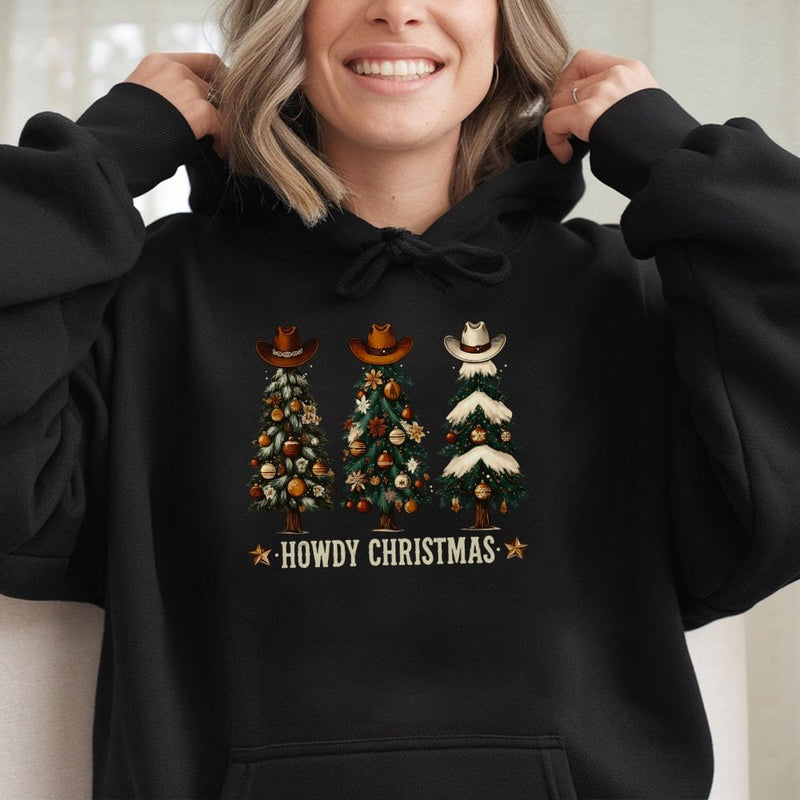 Howdy Christmas Cowboy Hat Sweatshirt, Western Christmas Tree Hoodie, Retro Cowgirl Holiday Pullover, Country Xmas Present for Her