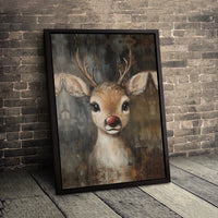 Vintage Baby Deer Canvas Print, Red Nosed Reindeer Canvas Art, Christmas Reindeer Wall Art, Holiday Deer Wall Decor, Kids Room Art Present