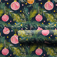 Pink Orange Ornament Gift Wrap, Watercolor Christmas Wrapping Paper, Pine Branch Holiday Wrapping Paper, Artistic Christmas Gift Wrap Roll