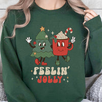 Retro Holiday Tree Sweatshirt, Feelin' Jolly Christmas Sweatshirt, Adorable Hot Cocoa Graphic Crewneck, Vintage Christmas Sweatshirt, Xmas Present