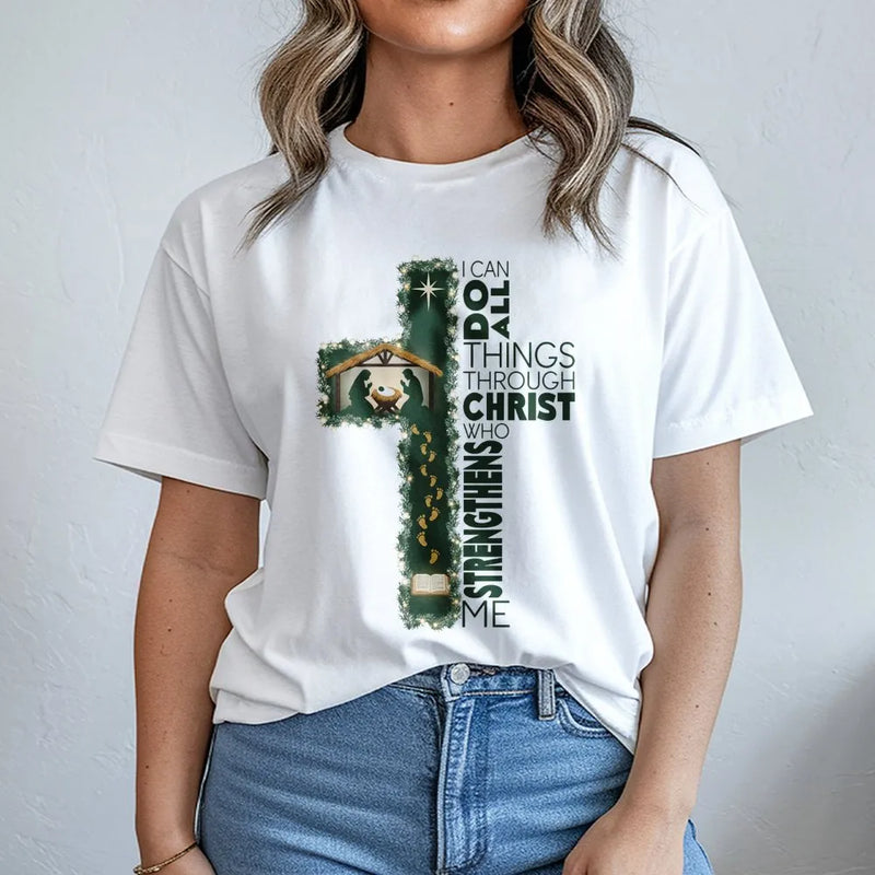 Nativity Cross Christmas Shirt, I Can Do All Things Through Christ T-Shirt, Christian Faith Graphic Tee, Religious Bible Verse Shirt Present