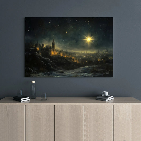 Ancient Snowy City Night Painting, Star of Bethlehem Canvas Wall Art, Christian Nativity Canvas Decor, Religious Christmas Ho