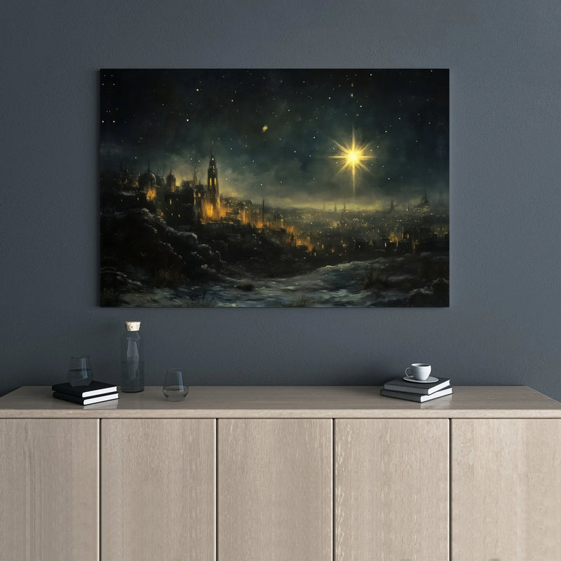 Ancient Snowy City Night Painting, Star of Bethlehem Canvas Wall Art, Christian Nativity Canvas Decor, Religious Christmas Holiday Present