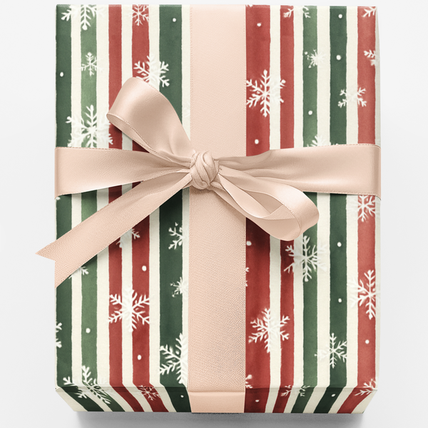 Watercolor Snowflake Gift Wrap, Frosted Holiday Stripes Wrapping Paper, Red Green Winter Present Paper, Cheerful Christmas Pa