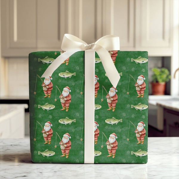 Angler Christmas Gift Wrap, Trout Fishing Santa Wrapping Paper, Dark Green Outdoors Wrapping Paper, Fisherman Holiday Gift Wr