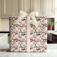 Adorable Holiday Animal Gift Wrap, Watercolor Christmas Pig Wrapping Paper, Holly Pine Wreath Wrapping Paper Roll, Festive Farm Pig Gift Wrap