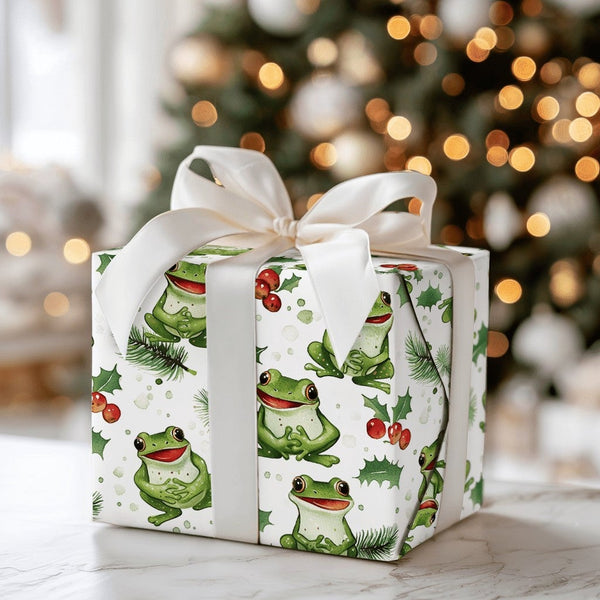 Holly Berry Animal Gift Wrap Roll, Adorable Frog Christmas Wrapping Paper, Whimsical Holiday Wrapping Paper, Adorable Amphibi