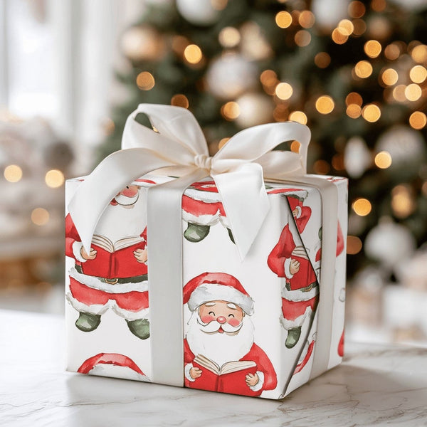 Watercolor Santa Claus Reading Book Gift Wrap, Reading Santa Wrapping Paper, Classic Christmas Gift Wrapping Paper, Holiday B