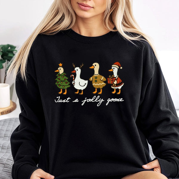 Humorous Holiday Duck Sweatshirt, Jolly Goose Christmas Sweatshirt, Adorable Xmas Animal Crewneck, Festive Goose Graphic Swea
