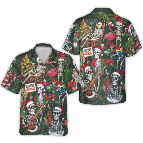 Skeleton Flamingo Holiday Shirt, Dead End Christmas Hawaiian Shirt, Tropical Xmas Graphic Shirt, Beach Party Button Up, Festi