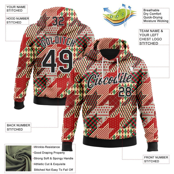 Personalized Name Number Holiday Hoodie, Custom Christmas Houndstooth Hoodie, Plaid Pattern Pullover Hoodie, Sports Fan Sweat