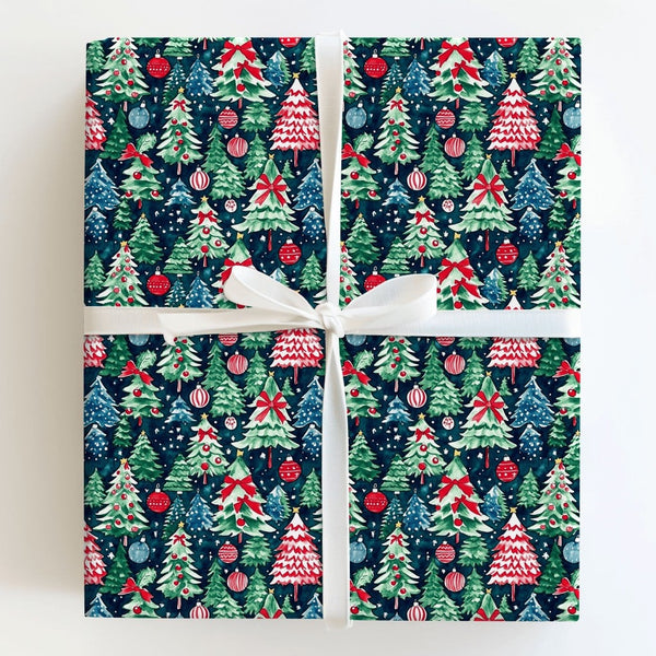 Navy Pine Tree Holiday Gift Wrap, Watercolor Christmas Trees Wrapping Paper, Winter Forest Christmas Wrapping Paper, Holiday 