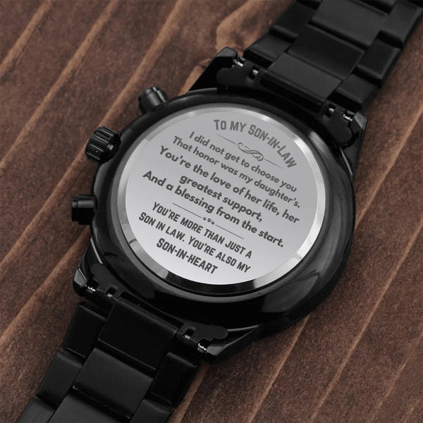 Black Stainless Steel Watch, Engraved Son-in-Law Chronograph Watch, Birthday Christmas Keepsake Watch Present for Son in Law