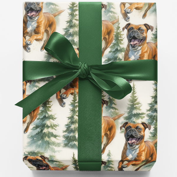 Boxer Christmas Gift Wrap, Boxer Dog Wrapping Paper, Woodland Dog Holiday Wrapping Paper, Dog Lover Xmas Gift Wrap Roll, Pet 