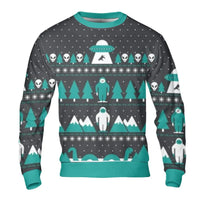 Bigfoot Alien Nessie Holiday Sweater, Cryptid Ugly Christmas Sweatshirt, Cryptozoology Graphic Crewneck, Humorous Monster Pullover Sweatshirt