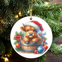 Adorable Cow in Bucket Ornament, Baby Highland Cow Christmas Ornament, Farmhouse Animal Ceramic Ornament, Rustic Holiday Tree Decor Present