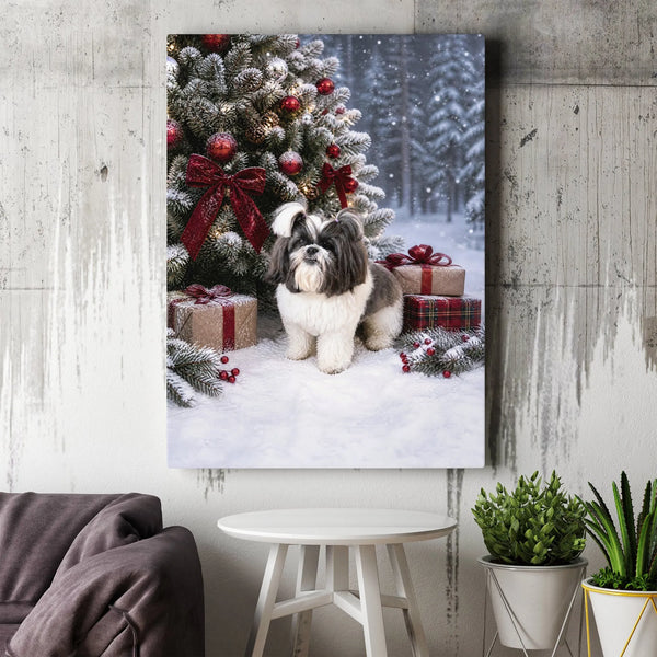 Snowy Holiday Dog Portrait Canvas Print, Shih Tzu Christmas Canvas Wall Art, Christmas Tree Puppy Canvas Art, Dog Lover Holid