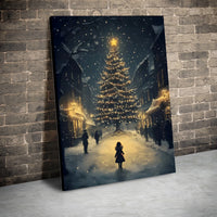Snowy Night Illuminated Tree Wall Art, Christmas Village Canvas Print, Winter Holiday Canvas Art, Festive Xmas Canvas Decor, Christmas Present