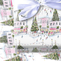 Watercolor Ice Skating Rink Gift Wrap, Christmas Village Wrapping Paper, Winter Wonderland Wrapping Paper Roll, Holiday Present Decor Wrap