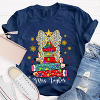 Custom Name Pencil Snowflake Tee, Personalized Teacher Christmas Tree Shirt, Holiday Teacher T-Shirt, Christmas Teacher Present