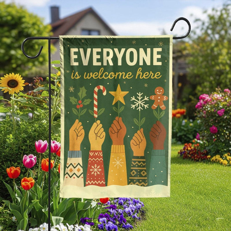 Inclusive Christmas Yard Flag, Everyone Is Welcome Here Garden Flag, Holiday Winter Lawn Banner, Seasonal Porch Flag, Xmas Home Decor