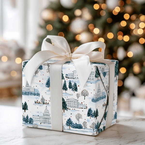 Snowy Capitol White House Gift Wrap, Washington DC Wrapping Paper, Watercolor Winter Holiday Gift Wrap, Patriotic Christmas P