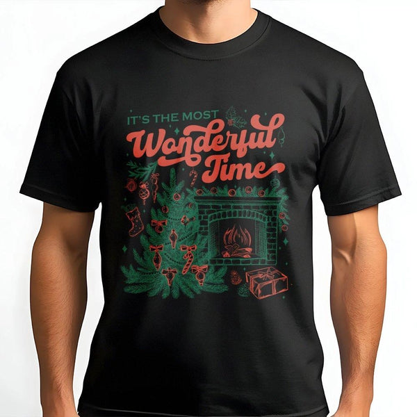 Retro Fireplace Holiday Graphic Tee, It's the Most Wonderful Time Christmas T-Shirt, Comfy Xmas Tree Shirt, Festive Holiday G