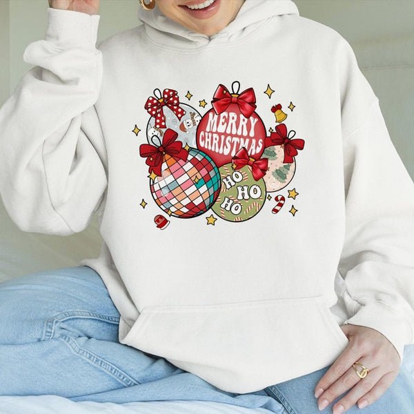 Disco Ball Bow Graphic Sweatshirt, Retro Christmas Ornaments Hoodie, Trendy Holiday Pullover, Pink Christmas Season Hooded To