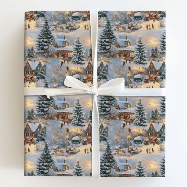 Comfy Glowing Town Gift Wrap, Nostalgic Winter Village Wrapping Paper, Snowy Christmas Wrapping Paper, Traditional Holiday Gi