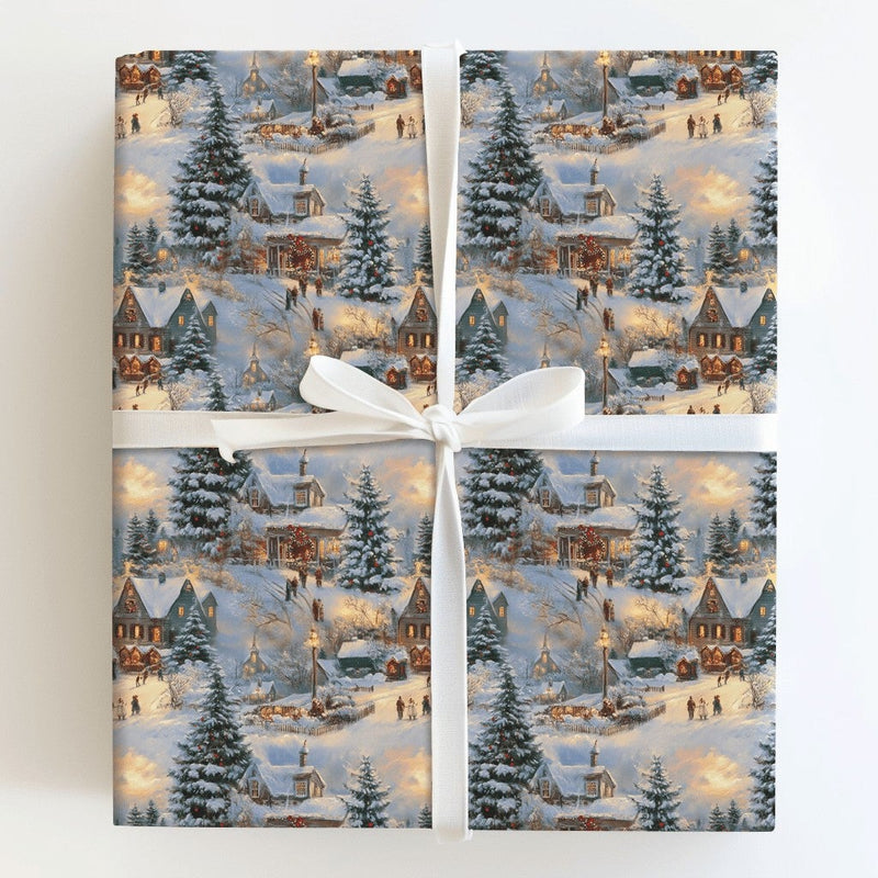 Comfy Glowing Town Gift Wrap, Nostalgic Winter Village Wrapping Paper, Snowy Christmas Wrapping Paper, Traditional Holiday Gift Wrap Roll