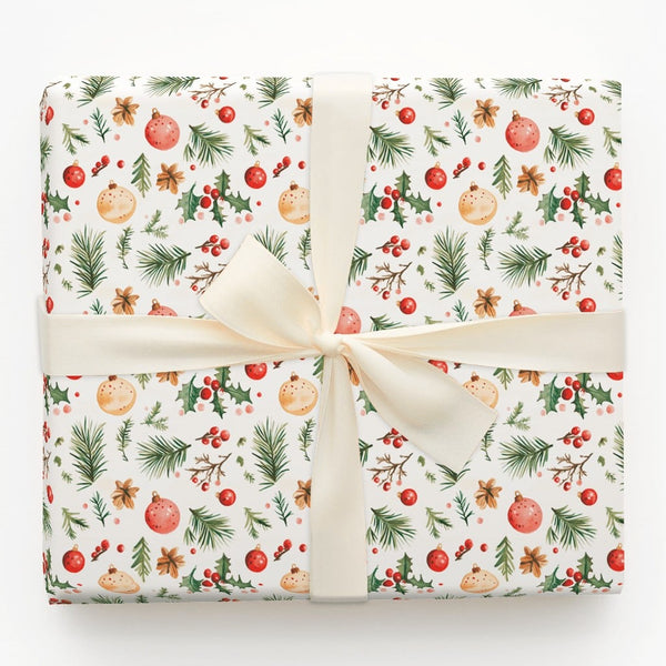 Holly Pine Holiday Gift Wrap, Watercolor Ornaments Christmas Wrapping Paper, Festive Xmas Wrapping Paper, Seasonal Present Gi