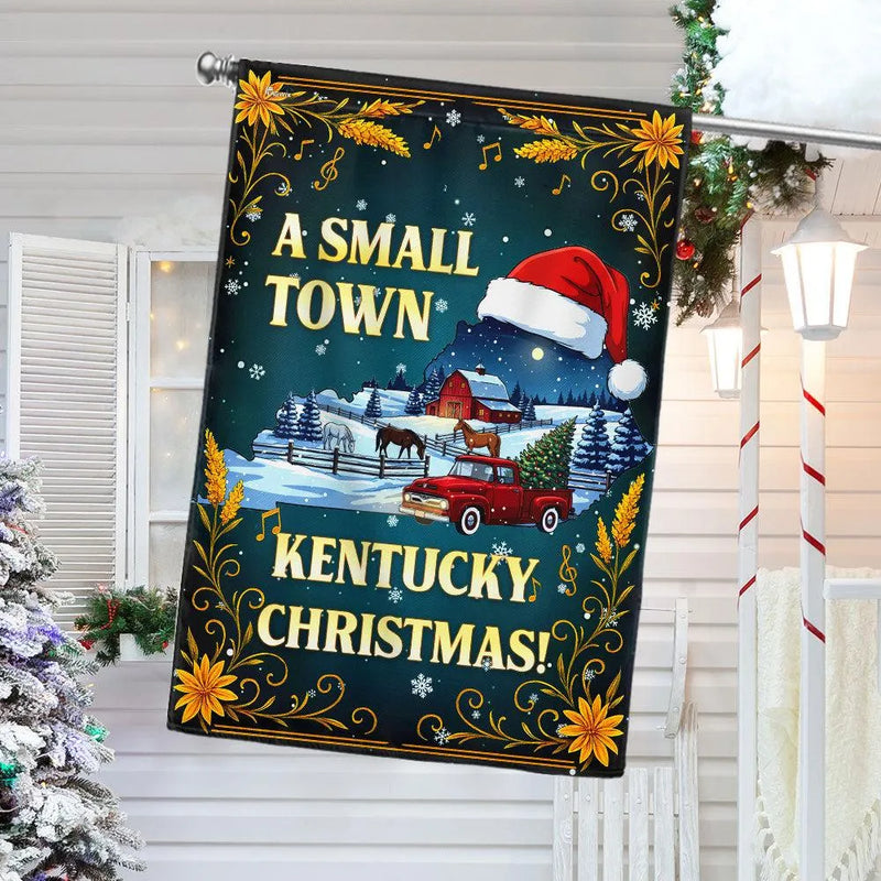 Red Truck Farm Scene Yard Flag, Kentucky Christmas Garden Flag, Small Town Holiday Double Sided Outdoor Flag, Winter Lawn Decor Present