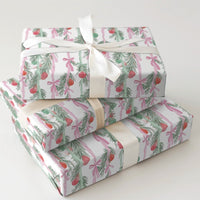 Watercolor Garland Gift Wrap, Christmas Wrapping Paper, Pink and Green Bows Holiday Gift Wrap Paper, Festive Present Wrapping Paper