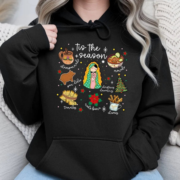 Virgencita Food Holiday Hoodie, Tis the Season Mexican Christmas Hoodie, Latinx Festive Hooded Sweatshirt, Mexican Food Graph