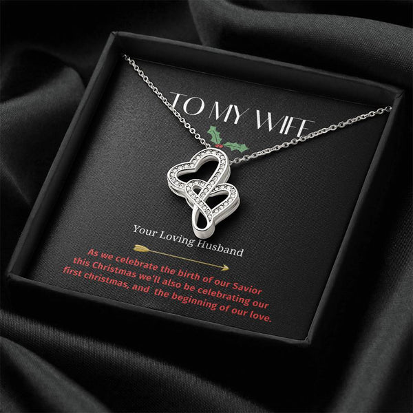 Interlocking Crystal Hearts Pendant, Double Heart Necklace, 14K White Gold Finish Heart Necklace, First Christmas Present for