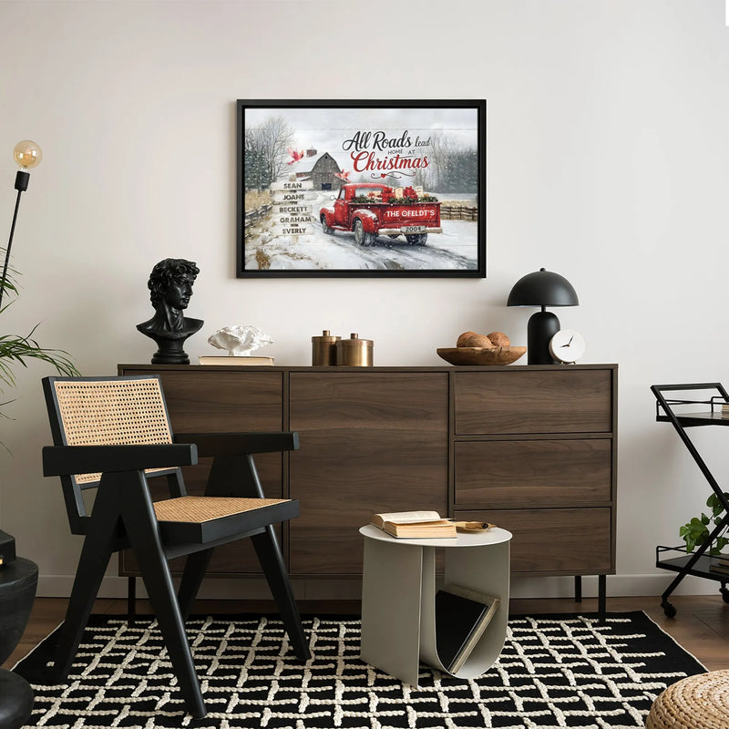 Red Truck Snowy Farmhouse Canvas Print, Personalized Christmas Canvas Art, Custom Family Name Wall Canvas, Holiday Winter Canvas Decor