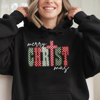 Red Green Checkerboard Faith Sweatshirt, Merry Christ-mas Cross Hoodie, Religious Christmas Tree Pullover, Jesus Holiday Present