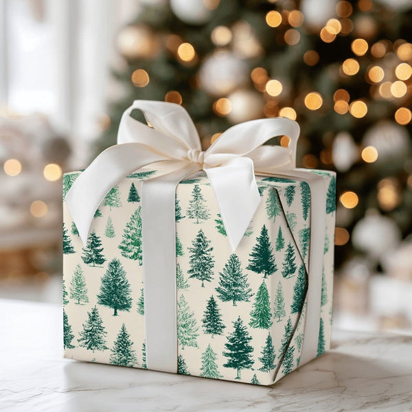 Woodland Forest Christmas Gift Wrap, Rustic Pine Tree Wrapping Paper, Watercolor Evergreens Wrapping Paper, Winter Cabin Pres