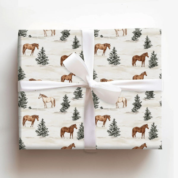 Winter Pine Horse Gift Wrap, Watercolor Horse Wrapping Paper, Holiday Horse Wrapping Paper, Equestrian Christmas Wrapping Pap