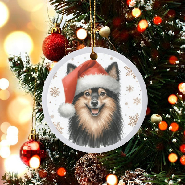 Santa Hat Finnish Lapphund Ornament, Finnish Lapphund Christmas Ornament, Finnish Lapphund Ceramic Holiday Tree Ornament, Dog