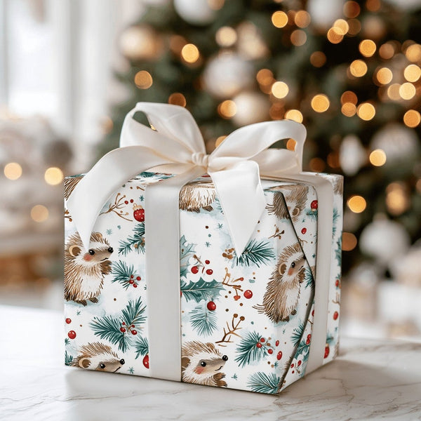Woodland Holiday Wrapping Paper, Hedgehog Christmas Wrapping Paper, Watercolor Animal Gift Wrap, Winter Pine Festive Wrapping