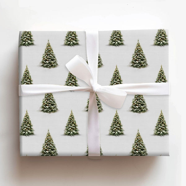 Winter Forest Holiday Gift Wrap, Snowy Christmas Tree Wrapping Paper, Snow Dusted Evergreen Tree Paper, Festive Present Wrap 