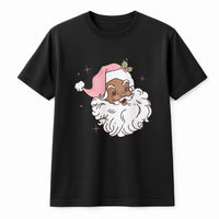 Retro Pink Hat Christmas Graphic Tee, Black Santa T-Shirt, African American Holiday Shirt, Inclusive Xmas Apparel for Women