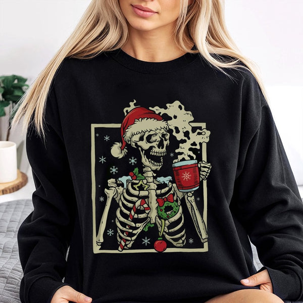 Dead Inside Coffee Holiday Sweater, Christmas Skeleton Sweatshirt, Retro Skeleton Christmas Crewneck, Humorous Xmas Pullover,