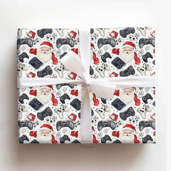 Video Game Holiday Gift Wrap, Santa and Controller Wrapping Paper, Adorable Santa Head Christmas Wrapping Paper, Gamer Gift W